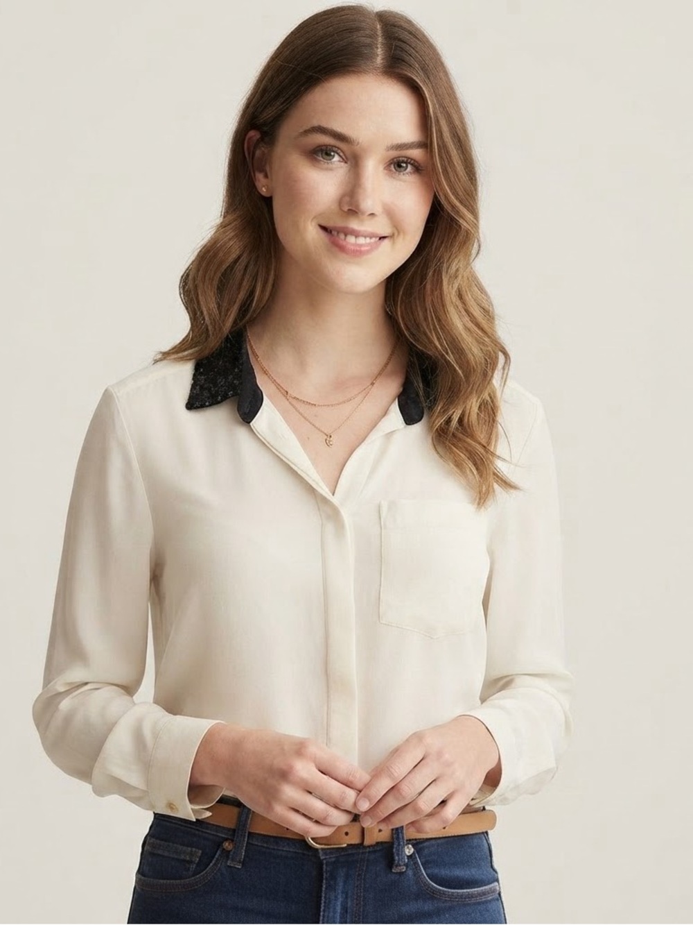 Kate Spade Sz S White Button Down Black Sequin Collar Blouse
